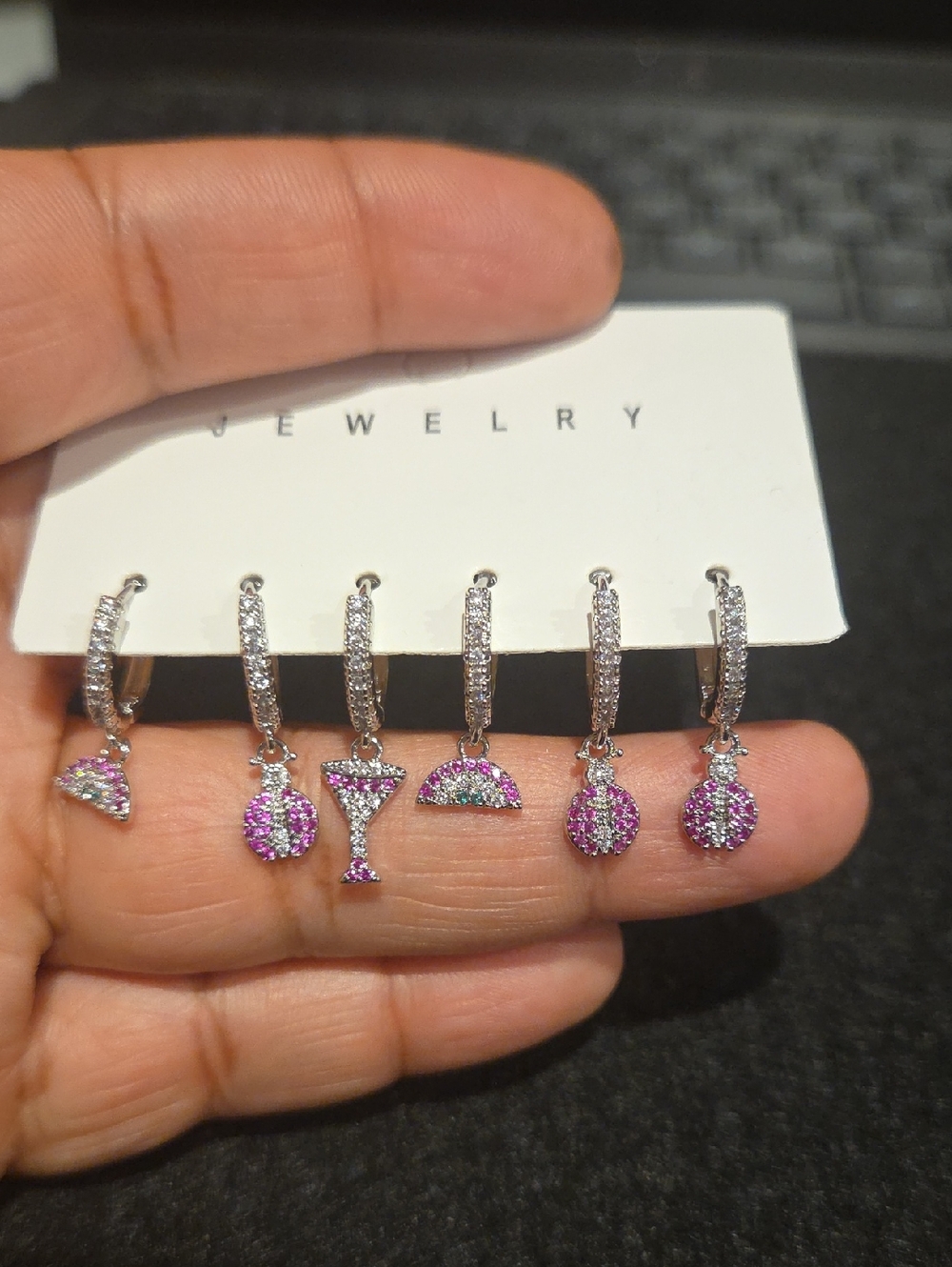 Silver Hoop Earrings with Pink Gemstone Charms - Set of 6